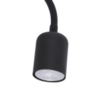 Kinkiet Maja 2-punktowy w kolorze czarnym, z cylindrycznym kloszem i elastycznym ramieniem. Widok z boku, podkreślający minimalistyczny design i metaliczną teksturę. Klosz z przezroczystym dnem, umożliwiający emisję światła.