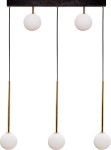 Lampa wisząca 5-punktowa w kolorze czarnym z złotymi detalami. Składa się z pięciu białych, okrągłych kloszy zawieszonych na cienkich, czarnych linkach. Ujęcie frontalne, produkt wiszący.