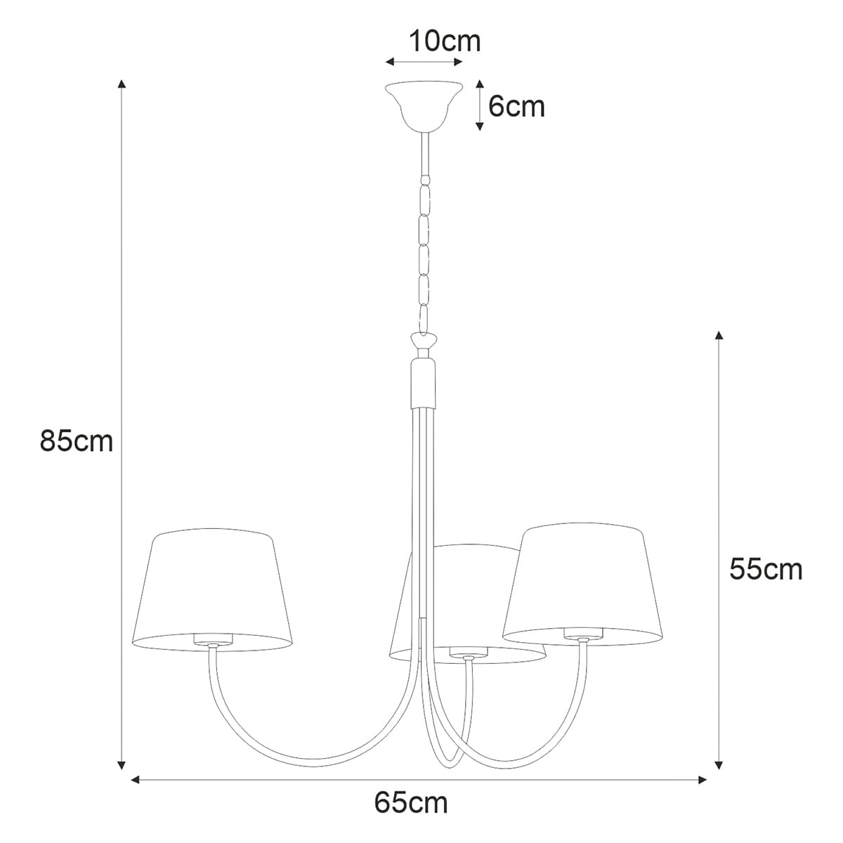 Czarna lampa wisząca 3-punktowa Sasto K-4335 z okrągłym, matowym kloszem. Wymiary: wysokość 85 cm, szerokość 65 cm. Klosze o średnicy 10 cm, z zawieszeniem na łańcuszku, umieszczone w równych odstępach na eleganckim ramieniu.