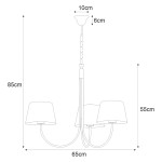 Czarna lampa wisząca 3-punktowa Sasto K-4335 z okrągłym, matowym kloszem. Wymiary: wysokość 85 cm, szerokość 65 cm. Klosze o średnicy 10 cm, z zawieszeniem na łańcuszku, umieszczone w równych odstępach na eleganckim ramieniu.