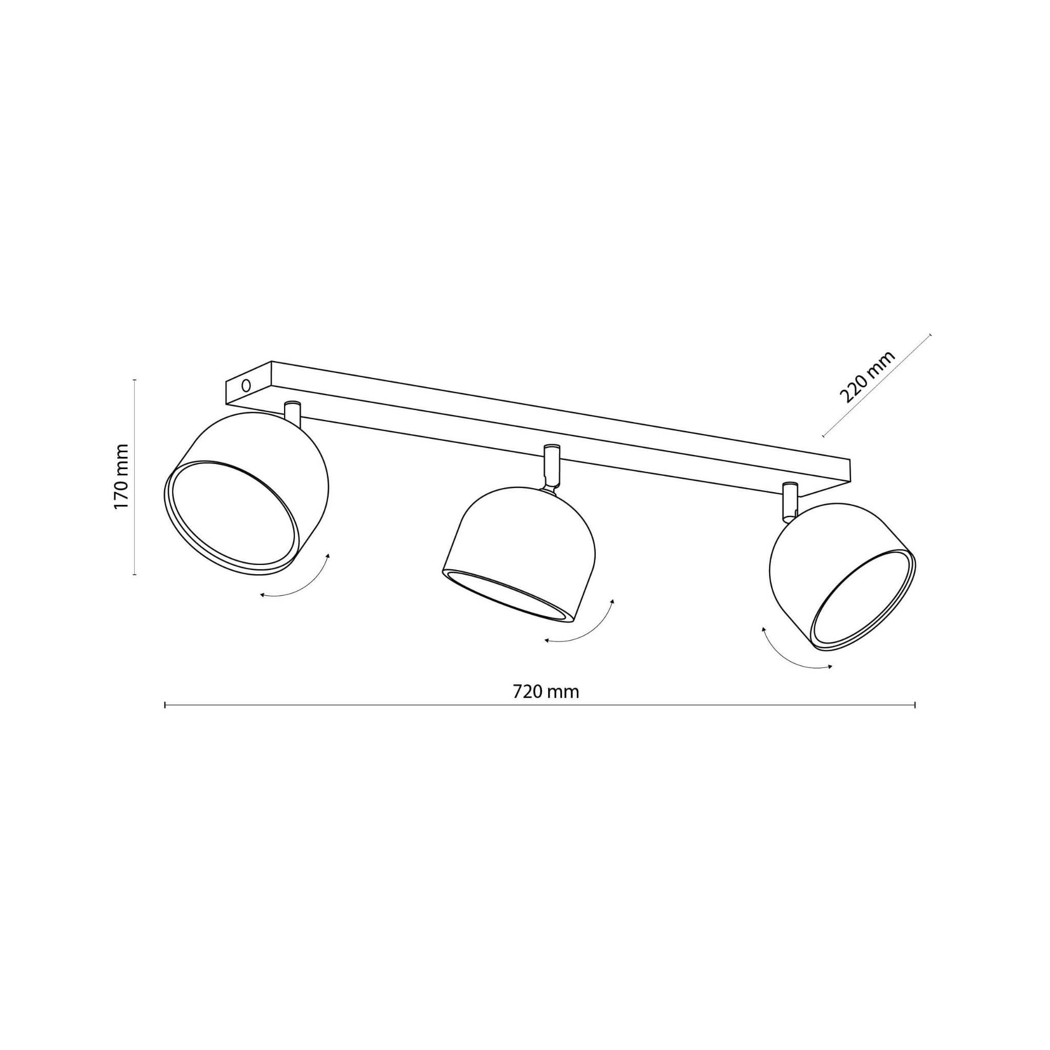 Trzypunktowa lampa sufitowa Altea w kolorze czarnym, z metalowymi kloszami. Wymiary: długość 720 mm, wysokość 220 mm, głębokość 170 mm. Klosze można regulować, montowana na prostokątnej podstawie. W zestawie żarówki.