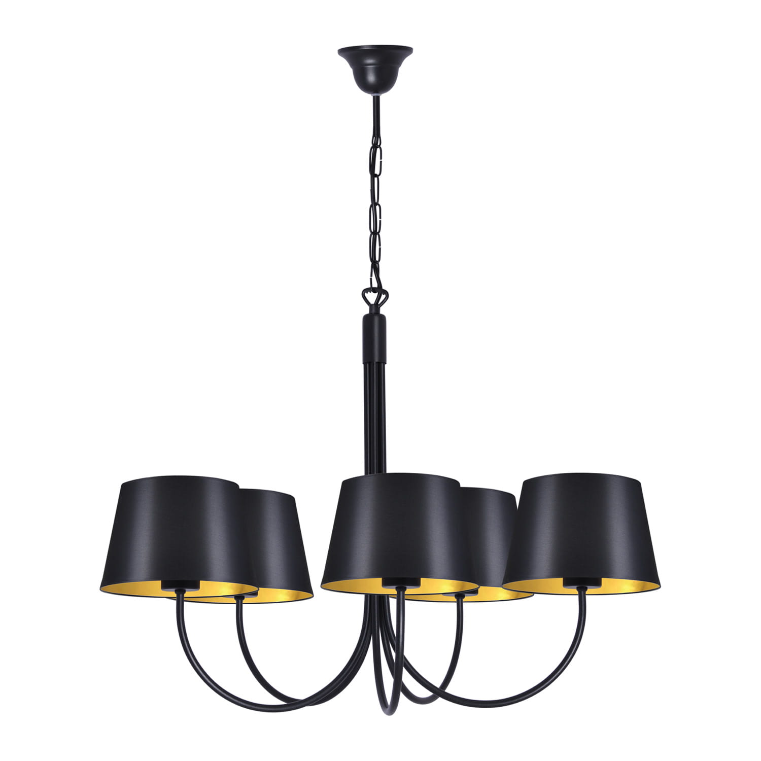 Czarna lampa wisząca Sasto K-4336 z pięcioma kloszami o matowej powierzchni i złotym wnętrzu. Ujęcie z dołu, wisi na łańcuchu. Klosze mają cylindryczny kształt, a całość ma nowoczesny, minimalistyczny design.