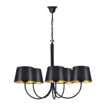 Czarna lampa wisząca Sasto K-4336 z pięcioma kloszami o matowej powierzchni i złotym wnętrzu. Ujęcie z dołu, wisi na łańcuchu. Klosze mają cylindryczny kształt, a całość ma nowoczesny, minimalistyczny design.