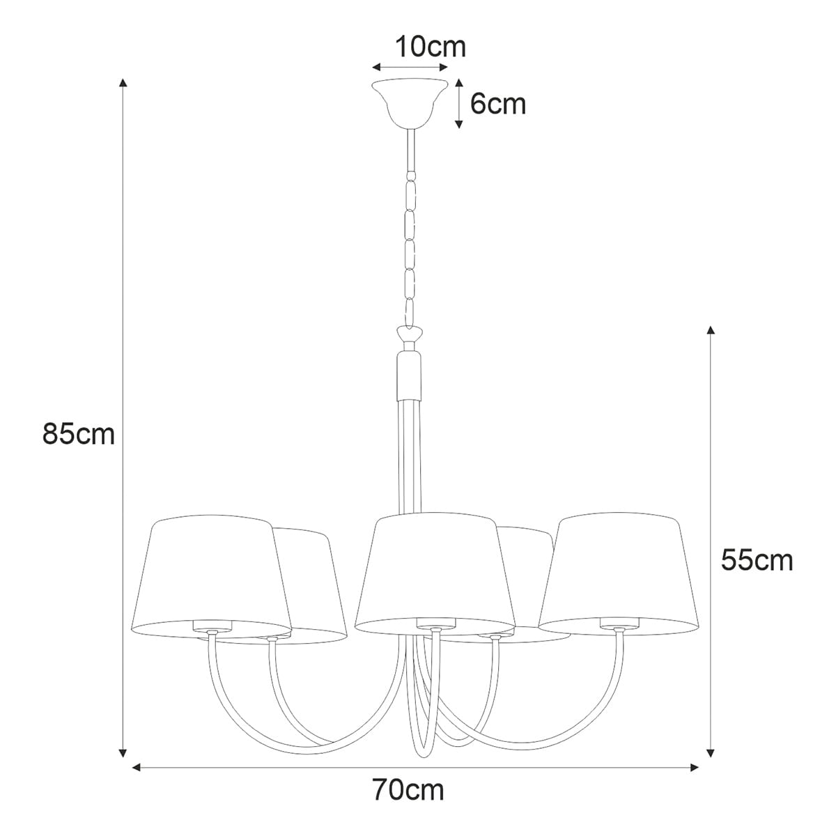 Lampa wisząca Sasto, pięciopunktowa, w kolorze czarnym. Ma 70 cm szerokości i 85 cm wysokości, z kloszami o wysokości 55 cm. Posiada elegancką konstrukcję z zaokrąglonymi ramionami, zawieszoną na łańcuchu.