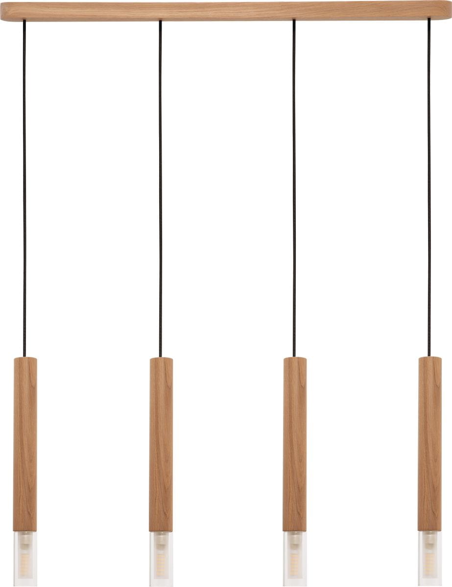 Lampa wisząca Madera 4-punktowa w kolorze dębu. Składa się z drewnianego, poziomego elementu u góry oraz czterech wiszących, cylindrycznych źródeł światła z przezroczystymi kloszami. Całość zawieszona na czarnych linkach.
