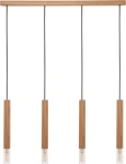 Lampa wisząca Madera 4-punktowa w kolorze dębu. Składa się z drewnianego, poziomego elementu u góry oraz czterech wiszących, cylindrycznych źródeł światła z przezroczystymi kloszami. Całość zawieszona na czarnych linkach.