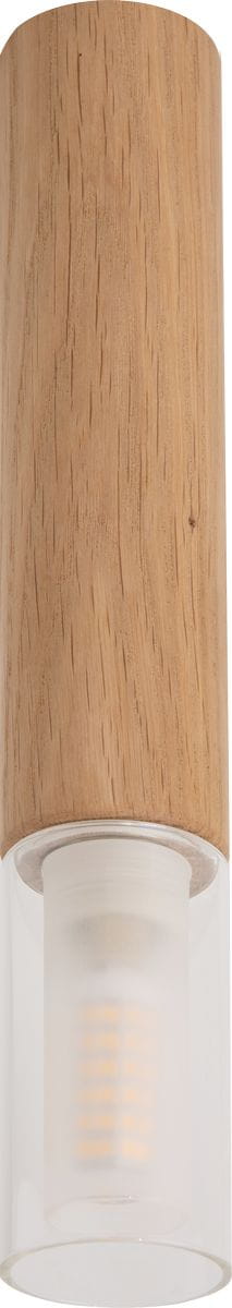 Lampa sufitowa Madera H28 w kolorze naturalnego dębu, z cylindrycznym kloszem z matowego szkła. Produkt widoczny z bliska, z zamontowanym źródłem światła wewnątrz klosza.