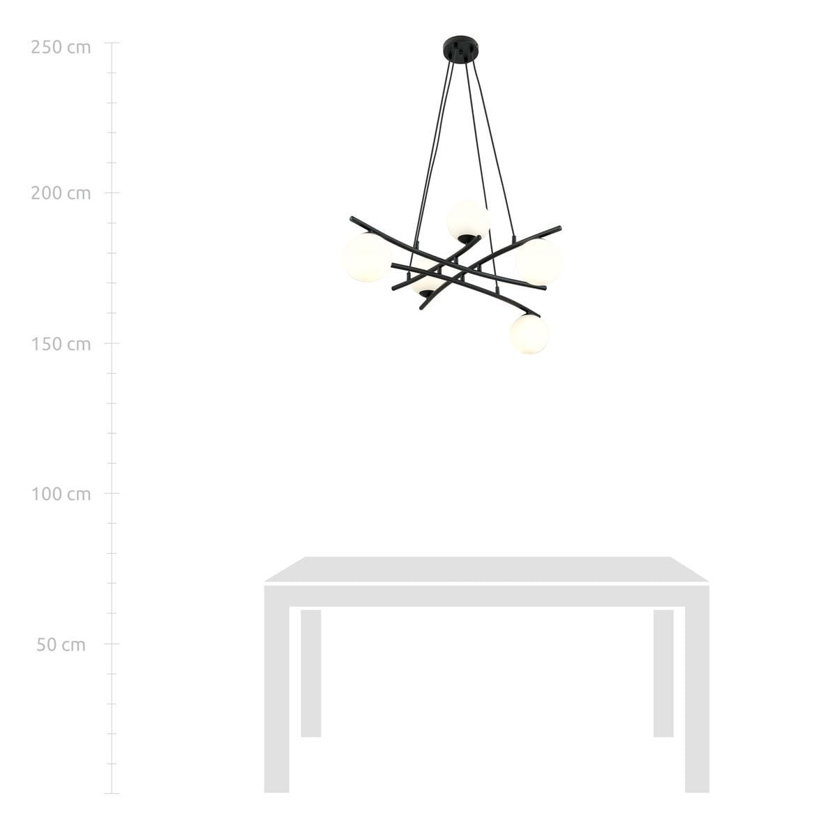 Lampa wisząca Essa 5-punktowa w kolorze czarnym z opalowymi kloszami. Posiada nowoczesny, geometryczny kształt z pięcioma kulistymi źródłami światła, zawieszona na długich linkach. Idealna do wnętrz, w których dominuje styl minimalistyczny.