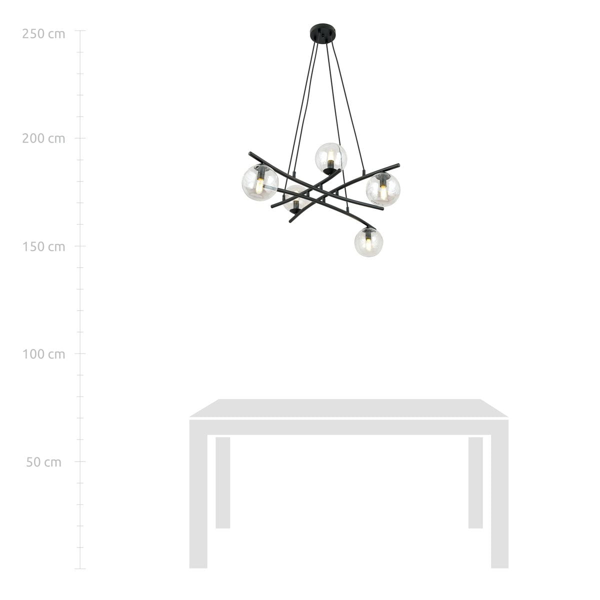 Lampa wisząca Essa 5-punktowa w kolorze czarnym z transparentnymi kloszami. Ułożona w formie krzyża, z pięcioma żarówkami, zawieszona na cienkich linkach. Widok z dołu, na białym tle, z zaznaczonymi wymiarami.
