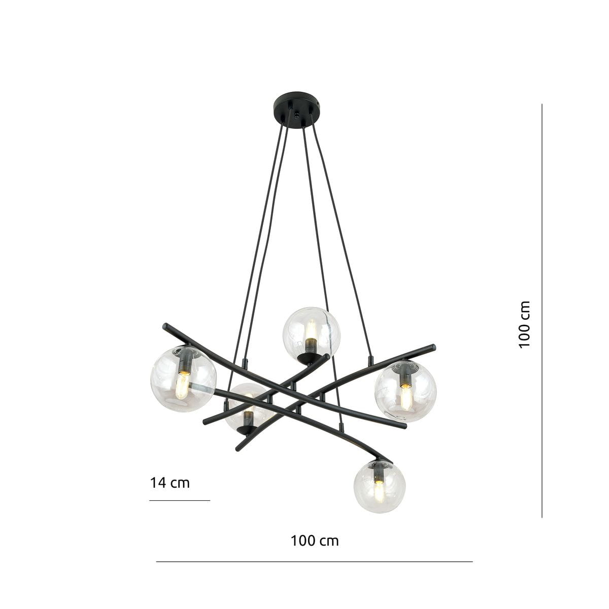 Lampa wisząca Essa 5-punktowa w kolorze czarnym i transparentnym, z pięcioma okrągłymi kloszami. Kształt geometryczny, wymiary: 100 cm wysokości, 100 cm średnicy, 14 cm szerokości. Klosze umieszczone na krzyżujących się prętach.
