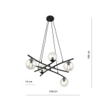 Lampa wisząca Essa 5-punktowa w kolorze czarnym i transparentnym, z pięcioma okrągłymi kloszami. Kształt geometryczny, wymiary: 100 cm wysokości, 100 cm średnicy, 14 cm szerokości. Klosze umieszczone na krzyżujących się prętach.