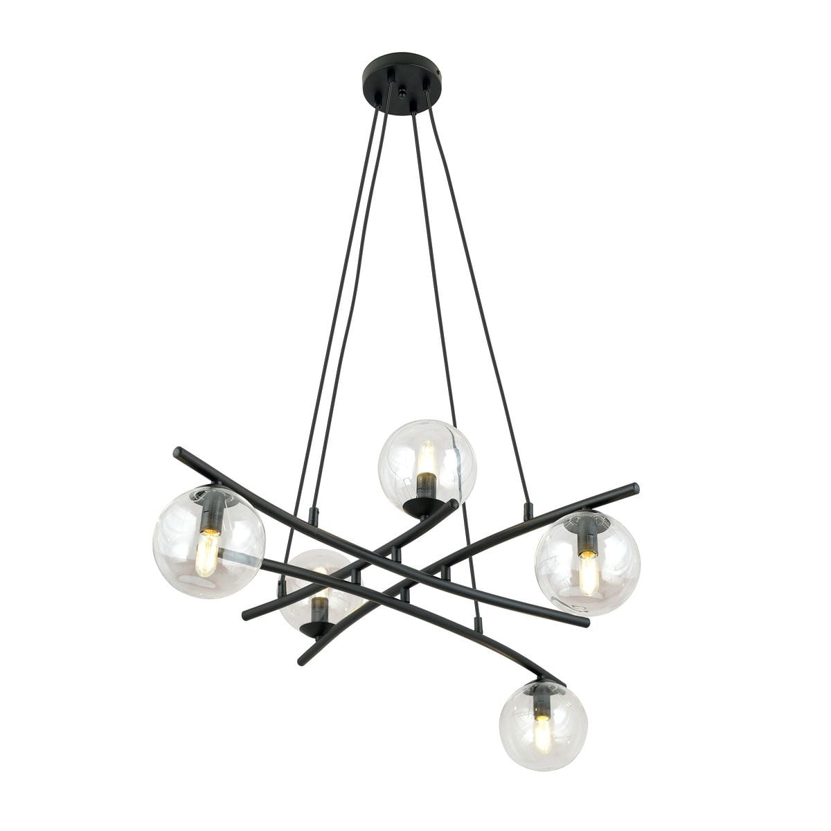 Lampa wisząca Essa 5-punktowa w kolorze czarnym z przezroczystymi kloszami. Ma nowoczesny, asymetryczny kształt z pięcioma żarówkami. Ujęcie z dołu pokazuje całą konstrukcję oraz detal mocowania do sufitu.