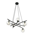 Lampa wisząca Essa 5-punktowa w kolorze czarnym z przezroczystymi kloszami. Ma nowoczesny, asymetryczny kształt z pięcioma żarówkami. Ujęcie z dołu pokazuje całą konstrukcję oraz detal mocowania do sufitu.