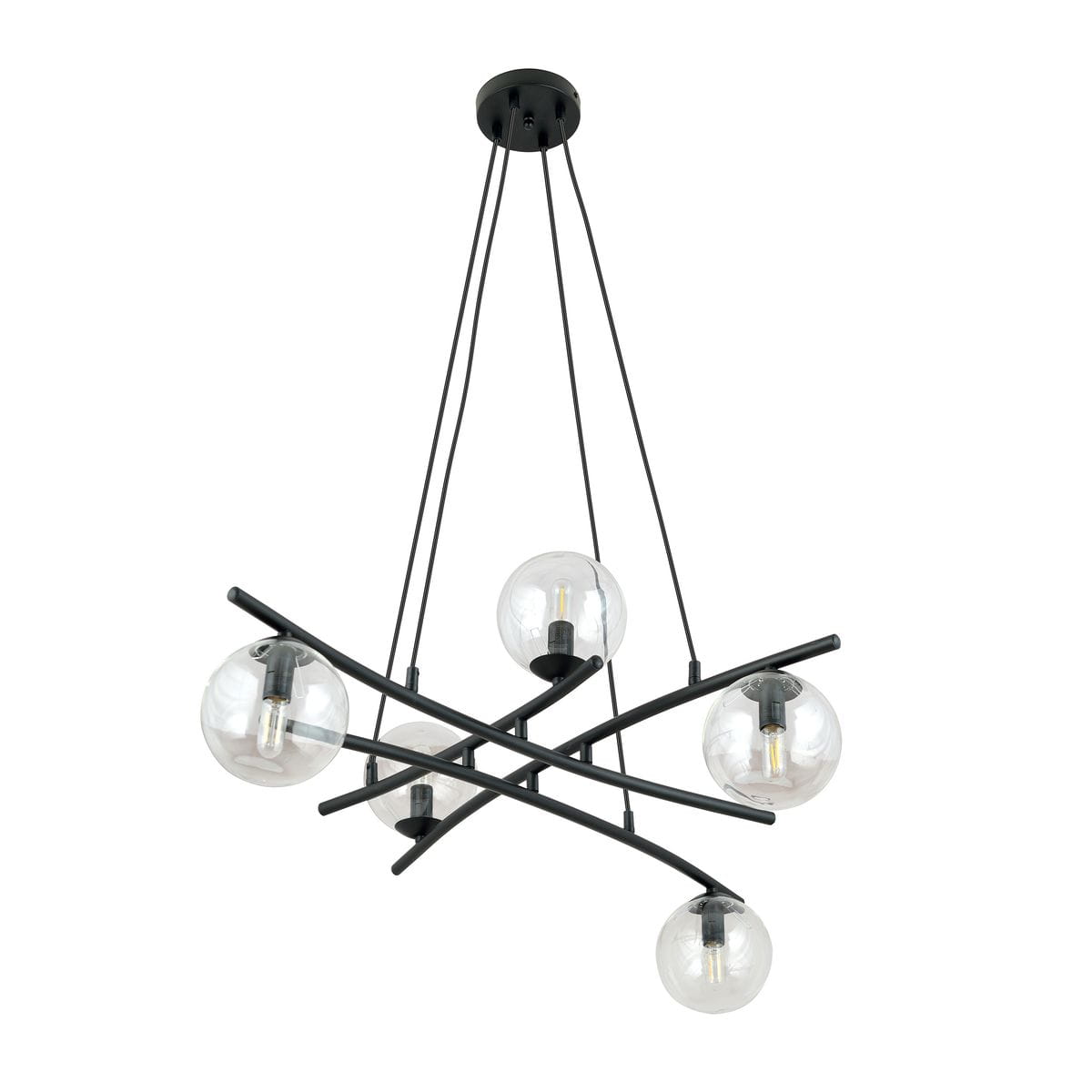 Lampa wisząca Essa 5-punktowa w kolorze czarnym z transparentnymi kloszami. Produkt zawiera pięć okrągłych żarówek zawieszonych na krzyżujących się prętach. Ujęcie z góry, pokazujące konstrukcję i detale. Proste białe tło.