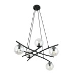 Lampa wisząca Essa 5-punktowa w kolorze czarnym z transparentnymi kloszami. Produkt zawiera pięć okrągłych żarówek zawieszonych na krzyżujących się prętach. Ujęcie z góry, pokazujące konstrukcję i detale. Proste białe tło.
