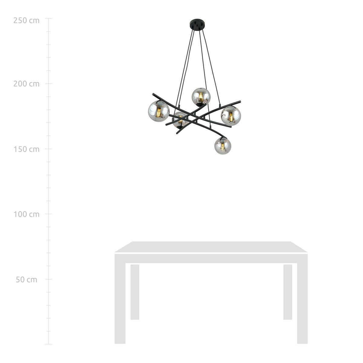 Lampa wisząca Essa 5-punktowa w kolorze czarnym i grafitowym, z pięcioma szklanymi kloszami w kształcie kul. Ułożona w dynamiczny wzór z metalowymi ramionami, zawieszona na cienkich linkach, idealna do nowoczesnych wnętrz.