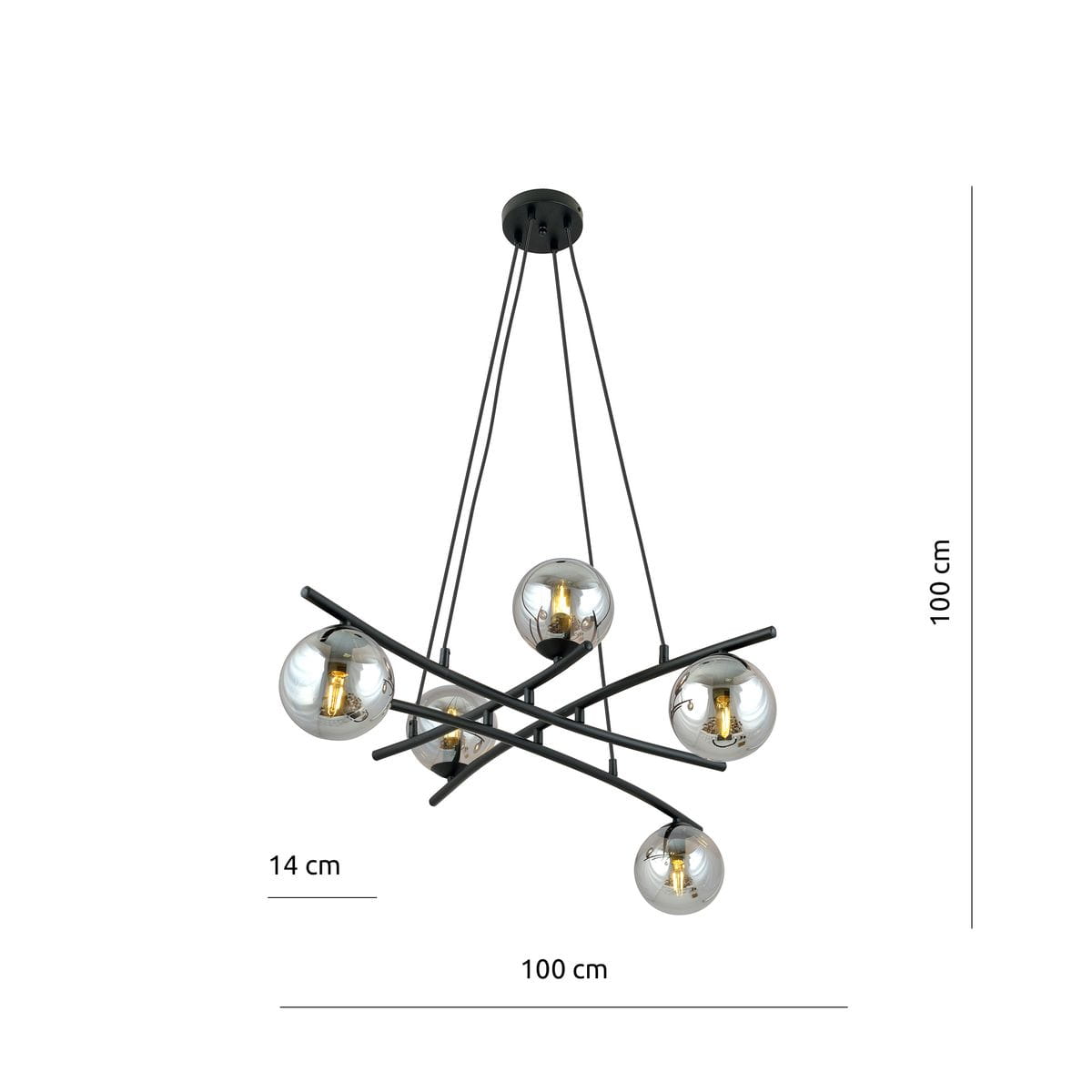 Lampa wisząca Essa 5-punktowa w kolorze czarnym i grafitowym. Konstrukcja z pięcioma przezroczystymi kulami, zawieszona na cienkich linkach. Wymiary: 100 cm wysokości, 100 cm szerokości, 14 cm średnicy kul. Nowoczesny design, idealna do wnętrz.