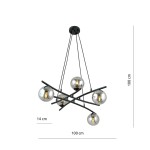 Lampa wisząca Essa 5-punktowa w kolorze czarnym i grafitowym. Konstrukcja z pięcioma przezroczystymi kulami, zawieszona na cienkich linkach. Wymiary: 100 cm wysokości, 100 cm szerokości, 14 cm średnicy kul. Nowoczesny design, idealna do wnętrz.