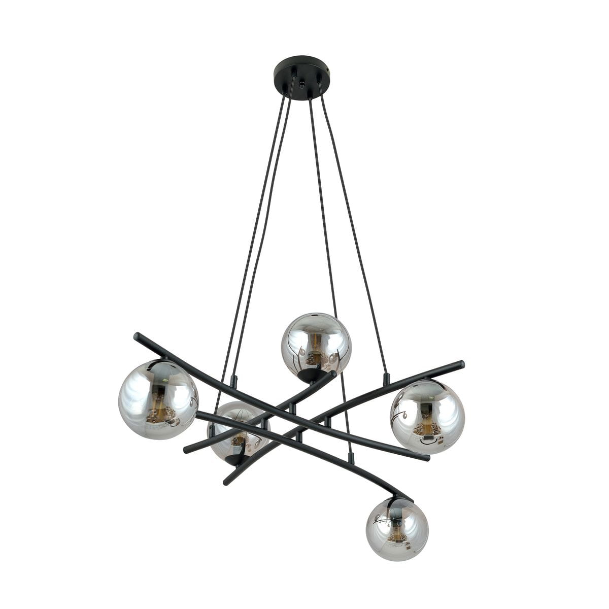 Lampa wisząca Essa 5-punktowa w kolorze czarnym i grafitowym, z pięcioma okrągłymi kloszami w lustrzanym wykończeniu. Produkt wisi na cienkich, krzyżujących się prętach. Kąt ujęcia: frontalny, na jednolitym tle.