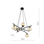 Lampa wisząca Essa 5-punktowa w kolorze czarnym i miodowym, z pięcioma okrągłymi kloszami. Wymiary: długość 100 cm, wysokość 100 cm, szerokość 14 cm. Produkt zawieszony na cienkich linkach, prezentujący nowoczesny design.