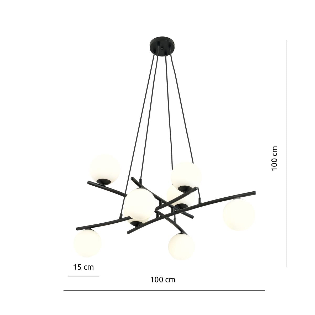 Lampa wisząca Essa, 8-punktowa, w kolorze czarnym z opalowymi kloszami. Składa się z ośmiu kulistych kloszy na cienkich, czarnych ramionach. Ujęcie z góry, wisi na sufitowym mocowaniu. Wymiary: wysokość 100 cm, średnica 100 cm, klosze o średnicy 15 cm.