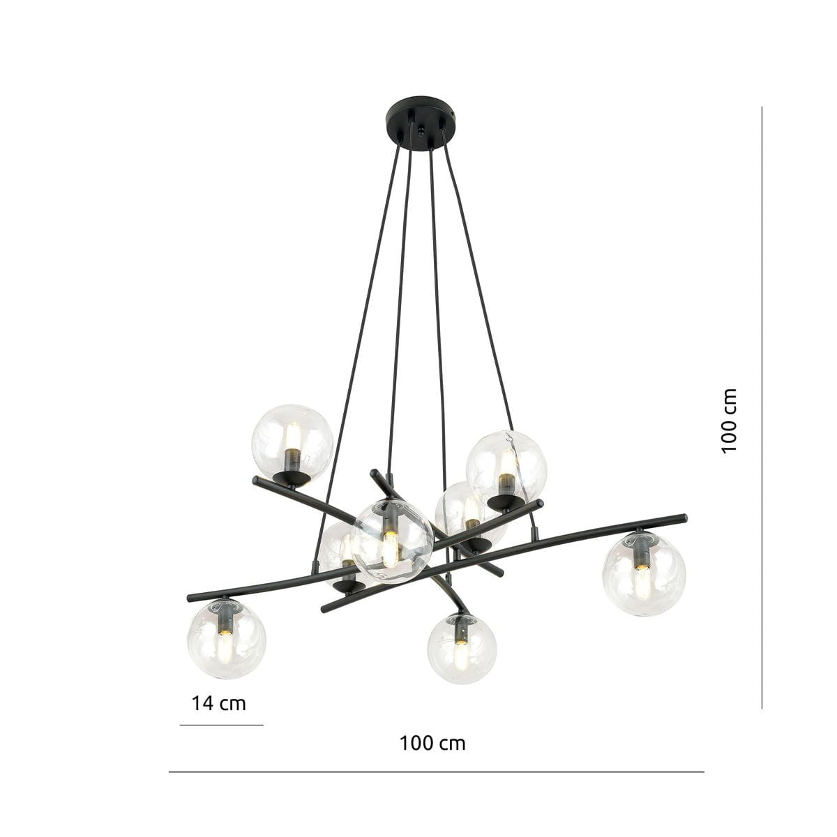 Lampa wisząca Essa 8-punktowa w kolorze czarnym z przezroczystymi kloszami. Konstrukcja składająca się z metalowych ramion w różnych kierunkach, zawieszona na cienkich linkach. Wymiary: 100 cm długości, 100 cm wysokości, 14 cm średnicy kloszy.