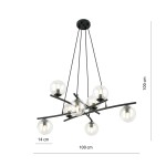 Lampa wisząca Essa 8-punktowa w kolorze czarnym z przezroczystymi kloszami. Konstrukcja składająca się z metalowych ramion w różnych kierunkach, zawieszona na cienkich linkach. Wymiary: 100 cm długości, 100 cm wysokości, 14 cm średnicy kloszy.