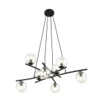 Lampa wisząca Essa 8-punktowa w kolorze czarnym i przezroczystym, z ośmioma kulistymi kloszami na cienkich prętach. Ujęcie z góry, wisząca konstrukcja. Klosze szklane, aranżacja nowoczesna, na białym tle.