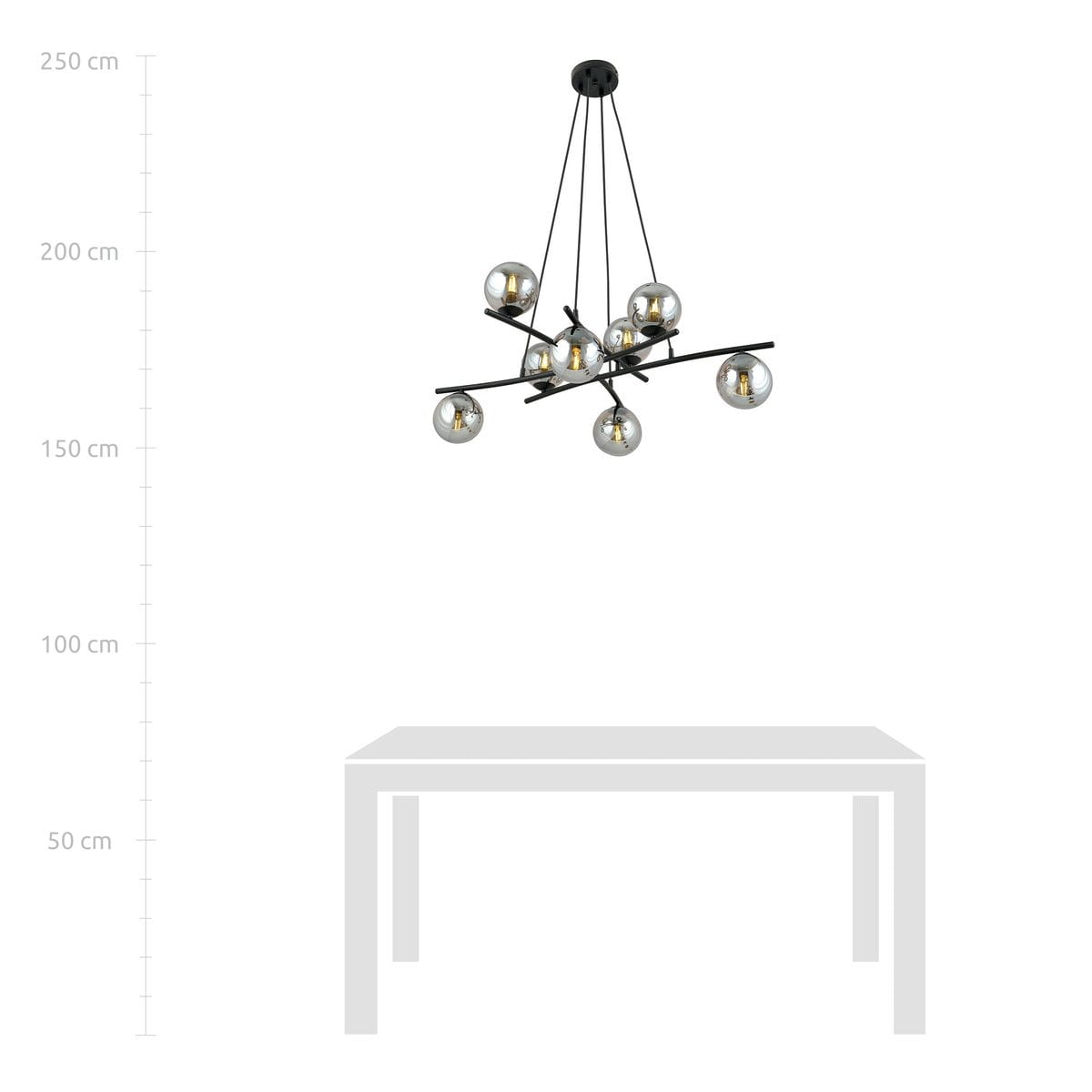 Lampa wisząca Essa 8-punktowa w kolorze czarnym i grafitowym, z sześcioma szklanymi kulami. Zawieszona na cienkich linkach, w nowoczesnym stylu. Wysokość do 250 cm, idealna do przestronnych wnętrz.