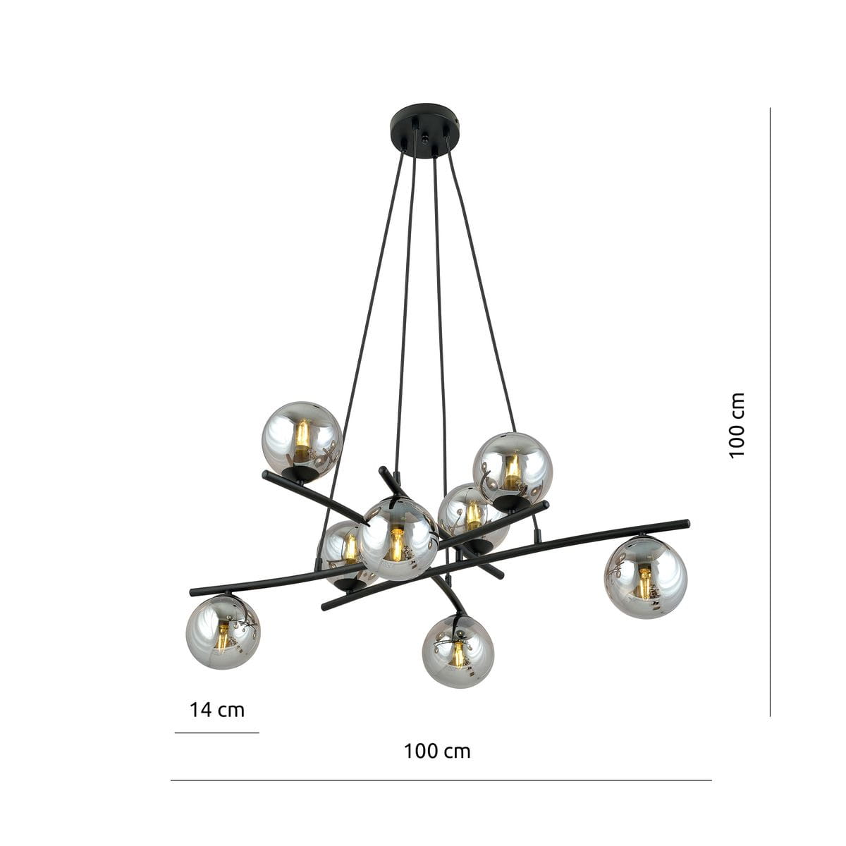 Lampa wisząca Essa 8-punktowa w czarnej i grafitowej kolorystyce. Składa się z ośmiu szklanych kul i metalowych ramion, zawieszona na trzech linkach. Wymiary: 100 cm wysokości, 100 cm średnicy, 14 cm głębokości.