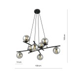 Lampa wisząca Essa 8-punktowa w czarnej i grafitowej kolorystyce. Składa się z ośmiu szklanych kul i metalowych ramion, zawieszona na trzech linkach. Wymiary: 100 cm wysokości, 100 cm średnicy, 14 cm głębokości.