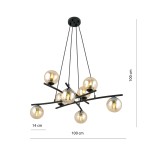 Czarna lampa wisząca Essa z miodowymi kloszami, 8-punktowa, o wymiarach 100 cm wysokości i 100 cm szerokości. Klosze w kształcie kul z przezroczystego szkła, umieszczone na nieregularnych, czarnych ramionach.