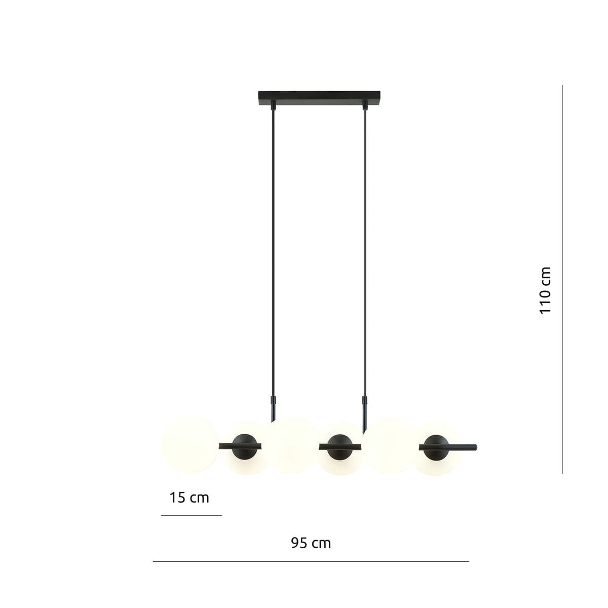 Lampa wisząca Rory 6-punktowa w kolorze czarnym z opalowymi kloszami. Zawieszona na dwóch czarnych linkach, z prostokątnym stelażem. Wymiary: 110 cm wysokości, 95 cm szerokości, 15 cm głębokości.