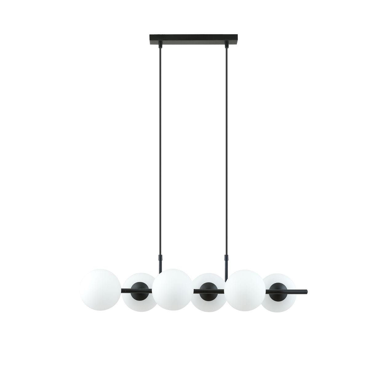 Lampa wisząca Rory 6-punktowa, czarna z opalowymi kloszami. Konstrukcja z cienkimi, czarnymi liniami i sześcioma okrągłymi, matowymi kloszami w białym kolorze. Zawieszona na dwóch cienkich linkach, montowana do sufitu.