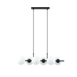 Lampa wisząca Rory 6-punktowa, czarna z opalowymi kloszami. Konstrukcja z cienkimi, czarnymi liniami i sześcioma okrągłymi, matowymi kloszami w białym kolorze. Zawieszona na dwóch cienkich linkach, montowana do sufitu.