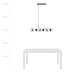Lampa wisząca Rory 6-punktowa w kolorze czarnym i transparentnym, z pięcioma okrągłymi kloszami. Zawieszona na dwóch regulowanych linkach, umieszczona nad stołem. Prosta, nowoczesna konstrukcja z metalowymi detalami.