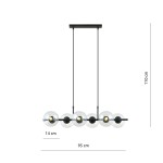 Lampa wisząca Rory 6-punktowa w kolorze czarnym i transparentnym. Posiada sześć okrągłych kloszy na metalowej konstrukcji, zawieszona na dwóch linkach. Wymiary: długość 95 cm, wysokość 110 cm, szerokość 14 cm.