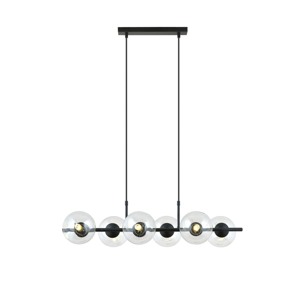 Lampa wisząca Rory z sześcioma punktami świetlnymi, czarna z transparentnymi kloszami. Klosze mają okrągły kształt, a lampa zawieszona jest na dwóch czarnych linkach. Prosta, nowoczesna konstrukcja, idealna do aranżacji wnętrz.