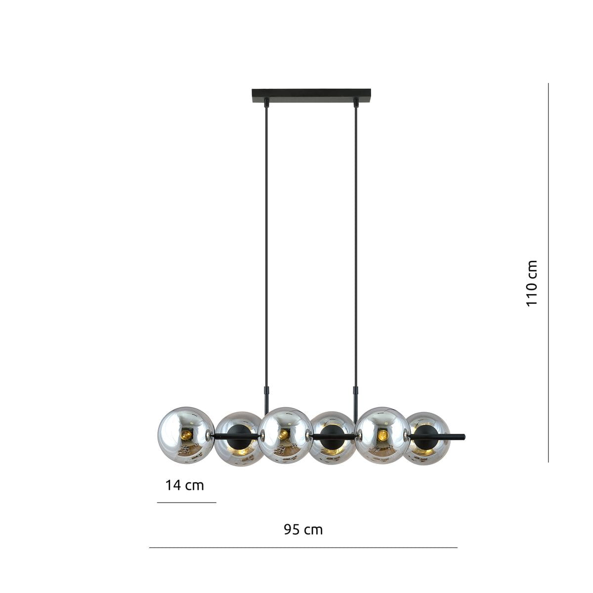 Lampa wisząca Rory 6-punktowa w kolorze czarnym i grafitowym, z pięcioma okrągłymi, metalicznymi kloszami. Ułożona poziomo, zawieszona na dwóch czarnych linkach. Wymiary: długość 95 cm, wysokość 110 cm, średnica klosza 14 cm.