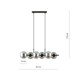 Lampa wisząca Rory 6-punktowa w kolorze czarnym i grafitowym, z pięcioma okrągłymi, metalicznymi kloszami. Ułożona poziomo, zawieszona na dwóch czarnych linkach. Wymiary: długość 95 cm, wysokość 110 cm, średnica klosza 14 cm.