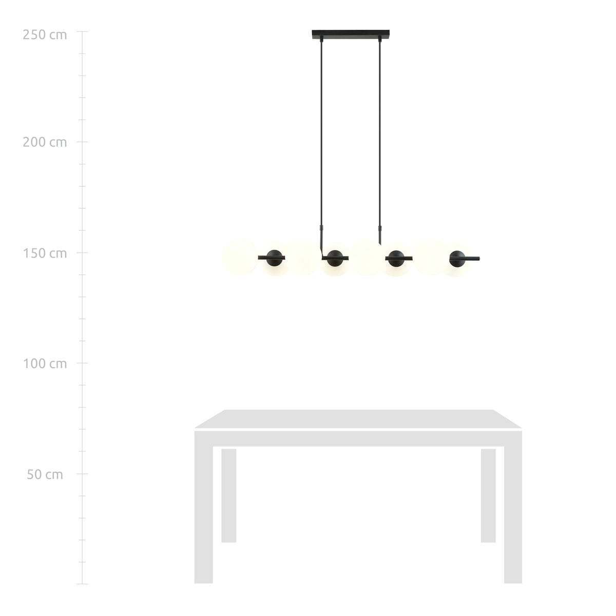 Lampa wisząca Rory 8-punktowa, czarna z opalowymi kloszami. Sześć okrągłych kloszy zawieszonych na cienkich kablach, zamocowana na prostokątnej podstawie. Wysokość regulowana, idealna nad stół. Tło białe, co podkreśla elegancję lampy.