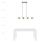 Lampa wisząca Rory 8-punktowa, czarna z opalowymi kloszami. Sześć okrągłych kloszy zawieszonych na cienkich kablach, zamocowana na prostokątnej podstawie. Wysokość regulowana, idealna nad stół. Tło białe, co podkreśla elegancję lampy.