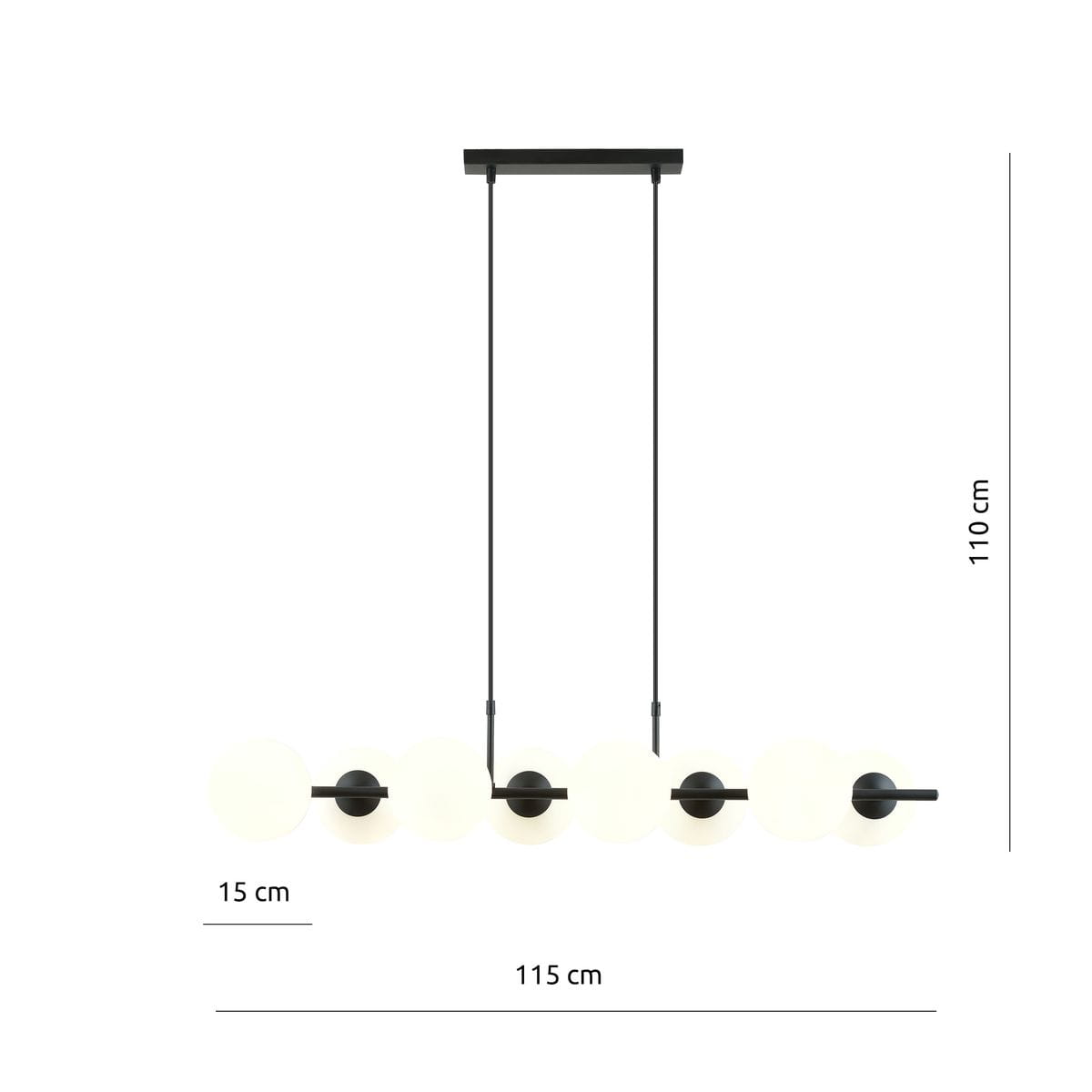 Lampa wisząca Rory 8-punktowa w kolorze czarnym i opalowym, z prostokątnym stelażem. Posiada sześć okrągłych kloszy, zawieszona na dwóch regulowanych linkach. Wymiary: długość 115 cm, wysokość 110 cm, szerokość 15 cm.