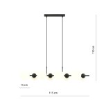 Lampa wisząca Rory 8-punktowa w kolorze czarnym i opalowym, z prostokątnym stelażem. Posiada sześć okrągłych kloszy, zawieszona na dwóch regulowanych linkach. Wymiary: długość 115 cm, wysokość 110 cm, szerokość 15 cm.