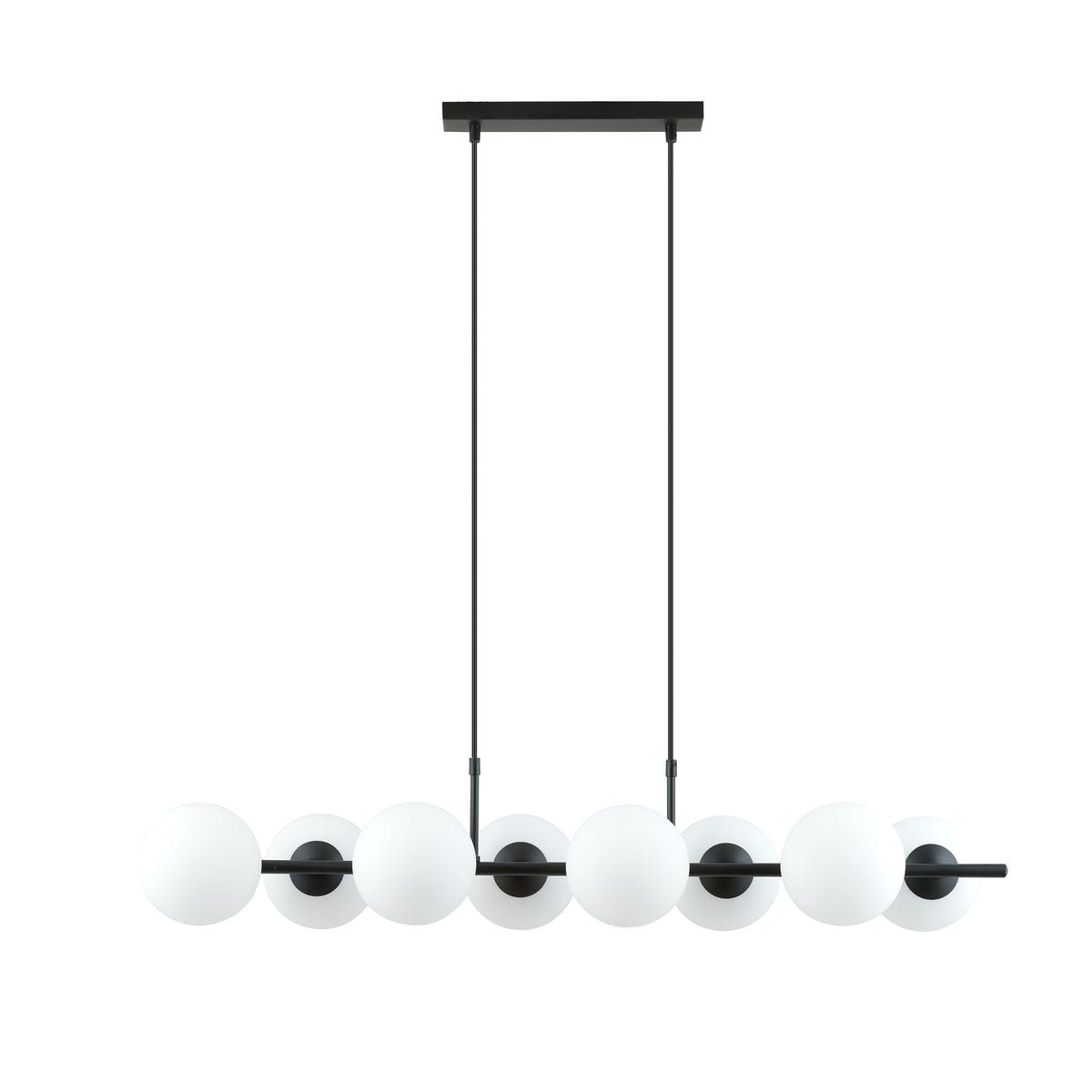 Lampa wisząca Rory 8-punktowa w czarnym kolorze z opalowymi kulami. Konstrukcja z czarnych metalowych elementów, z długimi zwisającymi przewodami. Kule umieszczone na poziomej listwie, w równych odstępach.
