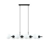 Lampa wisząca Rory 8-punktowa w czarnym kolorze z opalowymi kulami. Konstrukcja z czarnych metalowych elementów, z długimi zwisającymi przewodami. Kule umieszczone na poziomej listwie, w równych odstępach.