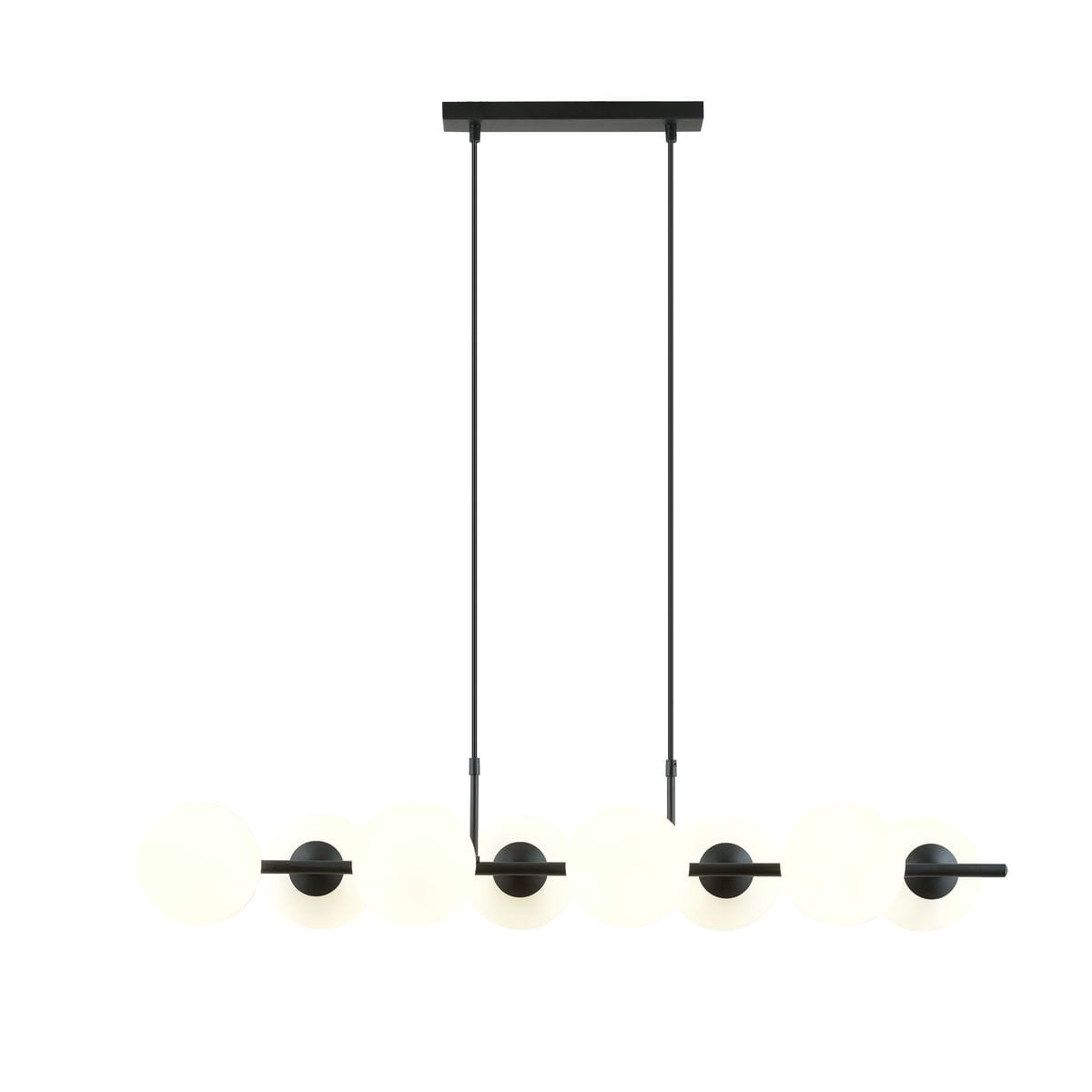 Lampa wisząca Rory 8-punktowa w kolorze czarnym z opalowymi kloszami. Ułożona poziomo, zawieszona na dwóch cienkich linkach. Minimalistyczny design, idealna do nowoczesnych wnętrz. Klosze okrągłe, z czarnymi mocowaniami.