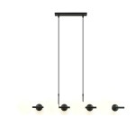 Lampa wisząca Rory 8-punktowa w kolorze czarnym z opalowymi kloszami. Ułożona poziomo, zawieszona na dwóch cienkich linkach. Minimalistyczny design, idealna do nowoczesnych wnętrz. Klosze okrągłe, z czarnymi mocowaniami.
