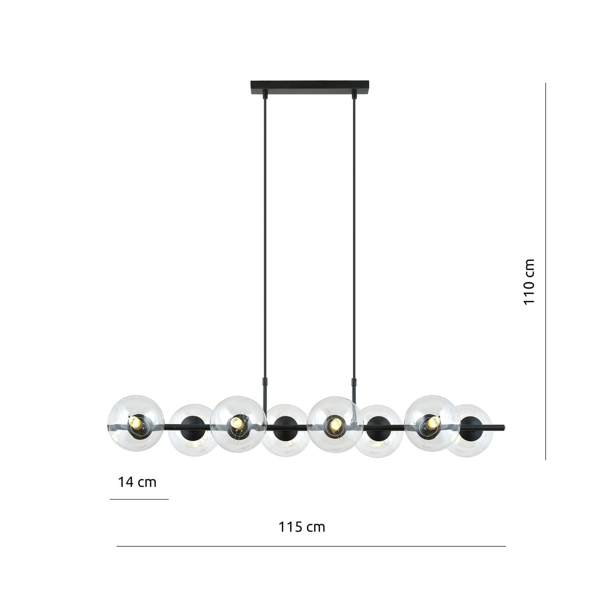 Lampa wisząca Rory z 8 punktami świetlnymi w kolorze czarnym i transparentnym. Okrągłe klosze z przezroczystego szkła umieszczone na czarnym stelażu. Wymiary: 115 cm szerokości, 110 cm długości zawieszenia, 14 cm wysokości.