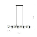 Lampa wisząca Rory z 8 punktami świetlnymi w kolorze czarnym i transparentnym. Okrągłe klosze z przezroczystego szkła umieszczone na czarnym stelażu. Wymiary: 115 cm szerokości, 110 cm długości zawieszenia, 14 cm wysokości.